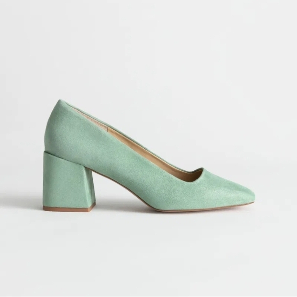 & OTHER STORIES Pastel Green Suede Square Toe Heels